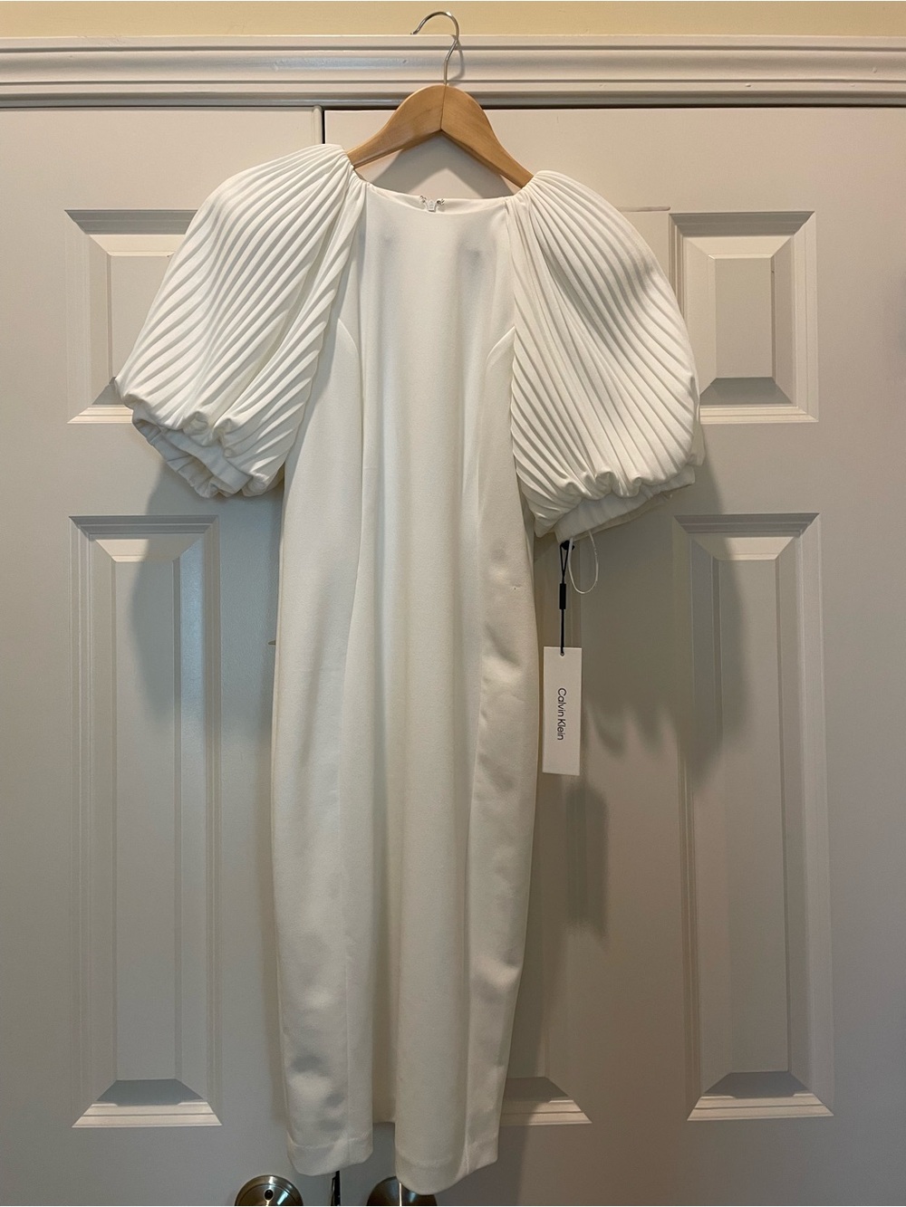 Calvin Klein Ivory Pleated Puff-Sleeve Midi Dress